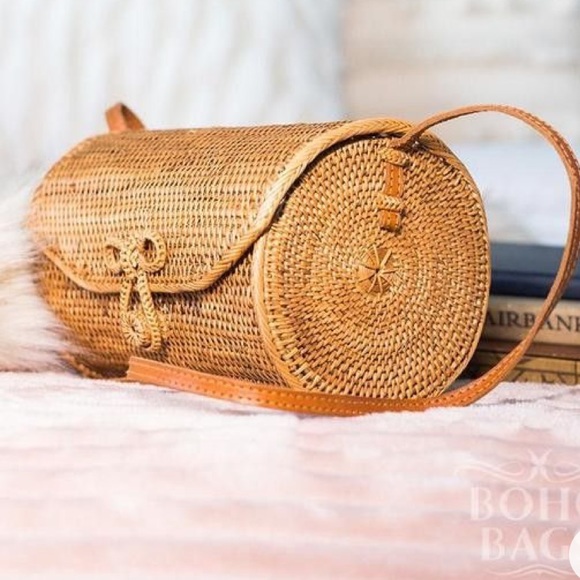 Handbags - HAND WOVEN Artisan Boho Rattan Barrel Bag